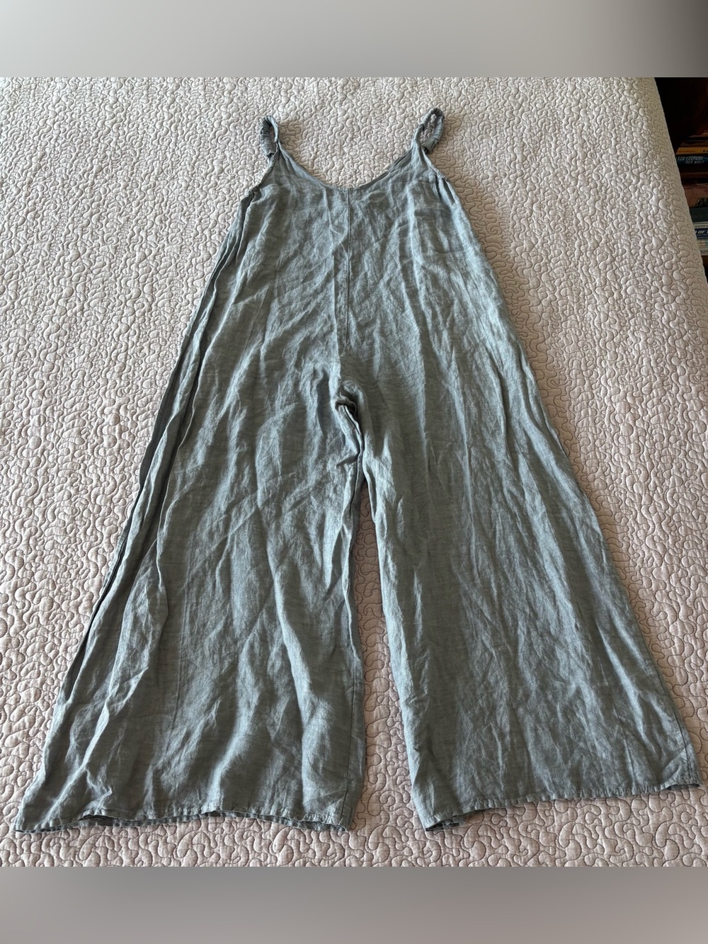 Light Gray Linen-Blend Wide Leg Jumpsuit with Spaghetti Straps